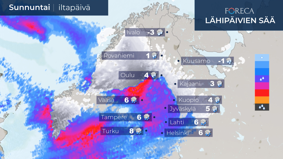 Myrskyisten tuulten lisäksi sunnuntaina tulee runsaita vesi- ja lumisateita.